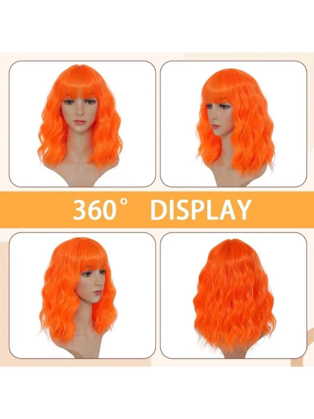 Women's Bright Orange 14 Inch Short Shoulder Length Synthetic Bangs Wavy Bob Wig